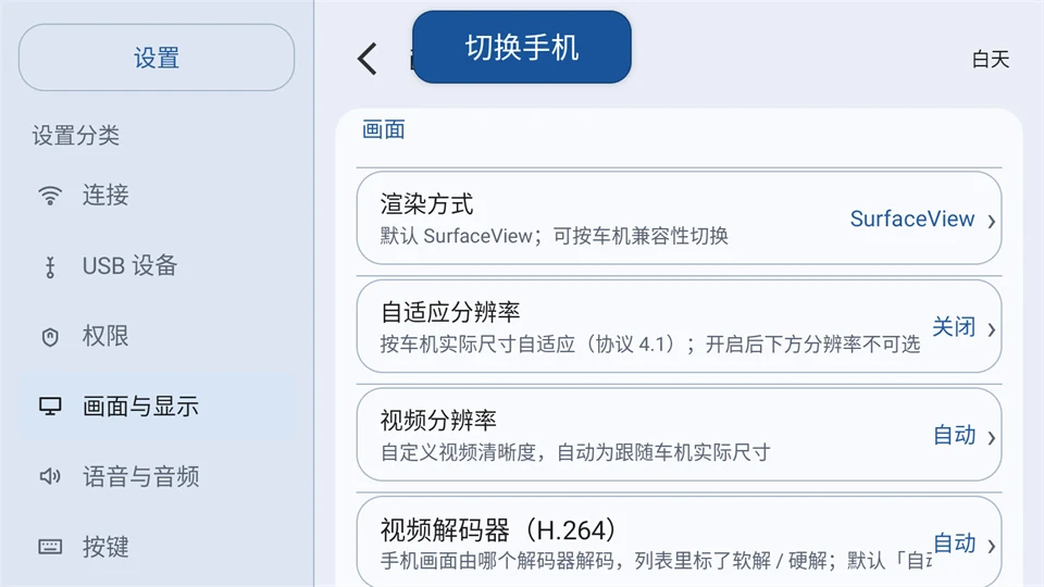 画面与显示设置，可调整视频分辨率及渲染方式